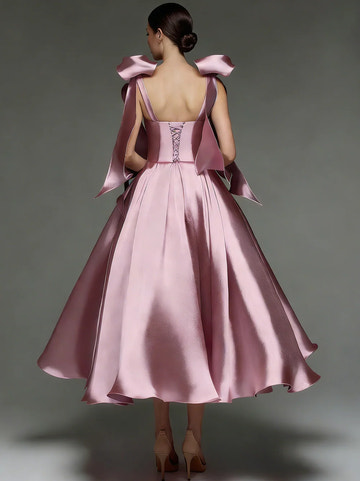 A-Line Elegant Sweetheart Neckline Sleeveless Tea-Length Satin Cocktail Dress With Bows