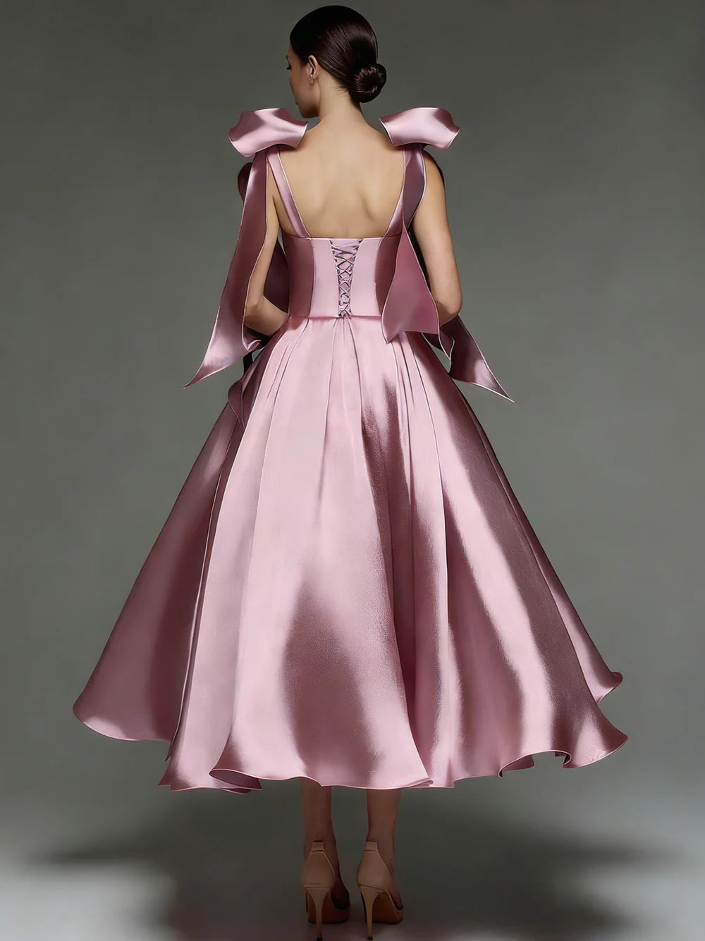 A-Line Elegant Sweetheart Neckline Sleeveless Tea-Length Satin Cocktail Dress With Bows
