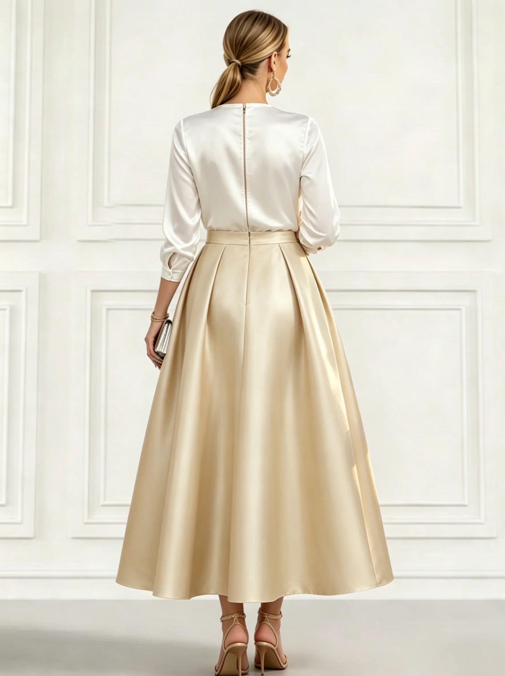 Refined A-Line Surplice V-Neck Three-Quarter Sleeve Satin Pleated Tea-Length Cocktail Dress