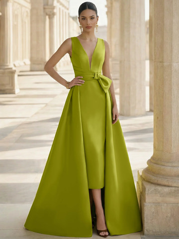 A-Line Formal Evening Dresses Satin V-Neck Elegant Formal Gown With Overskirt