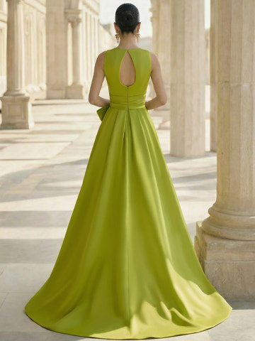 A-Line Formal Evening Dresses Satin V-Neck Elegant Formal Gown With Overskirt