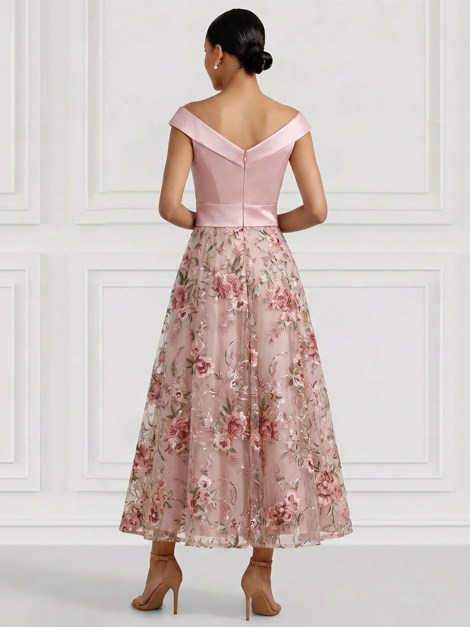 Elegant A-Line V-Neck Cap Sleeve Satin Tulle Floral Embroidered Tea-Length Cocktail Dress