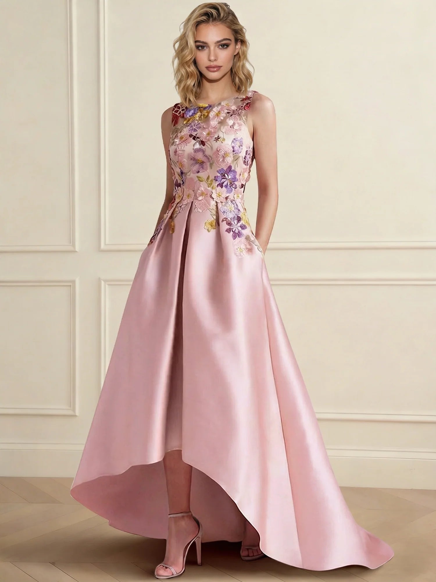 A-Line Boat Neck Sleeveless High Low Floral Embroidery Cocktail Dress Formal Gown with Pocket Embroidery
