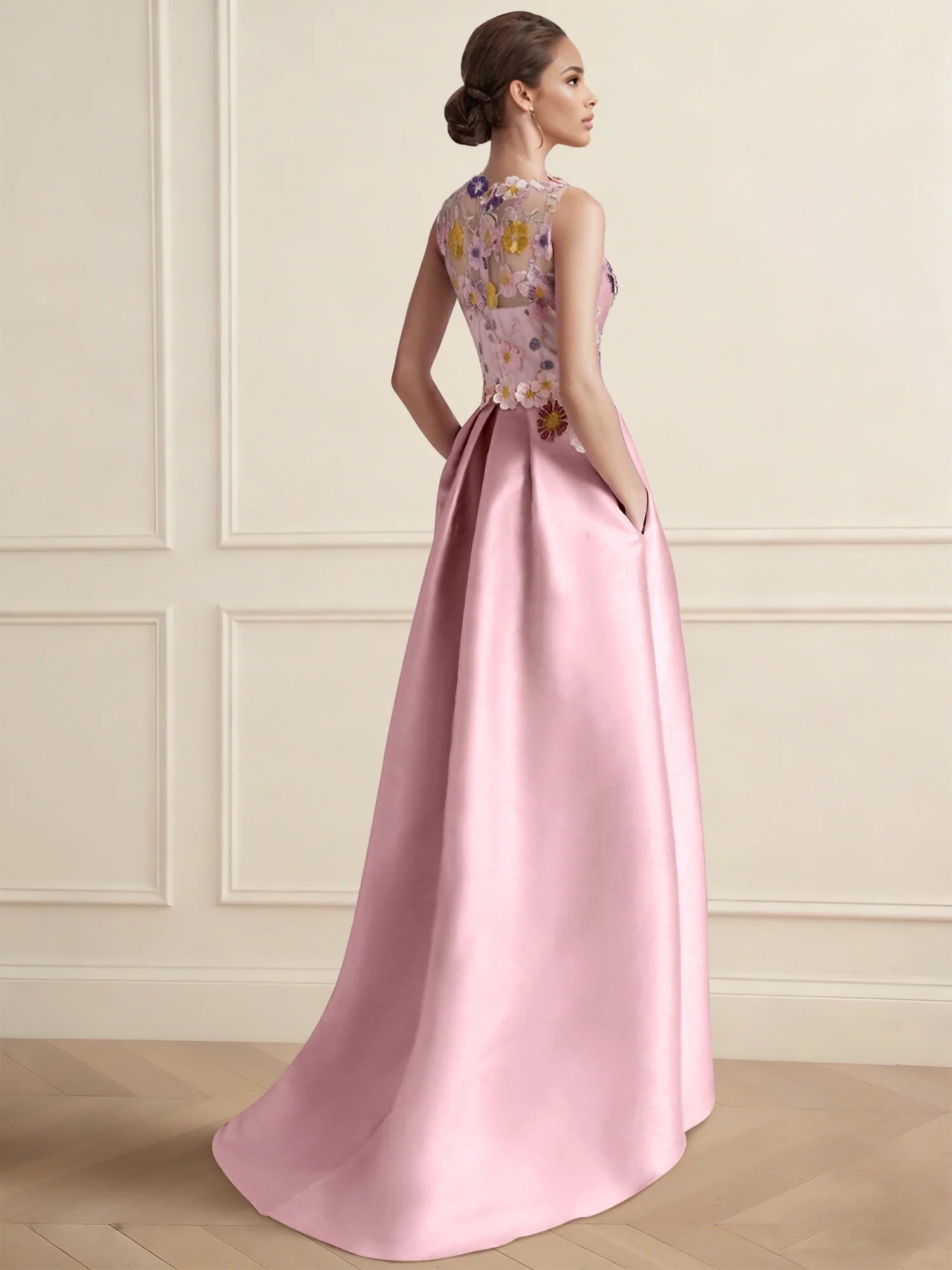 A-Line Boat Neck Sleeveless High Low Floral Embroidery Cocktail Dress Formal Gown with Pocket Embroidery