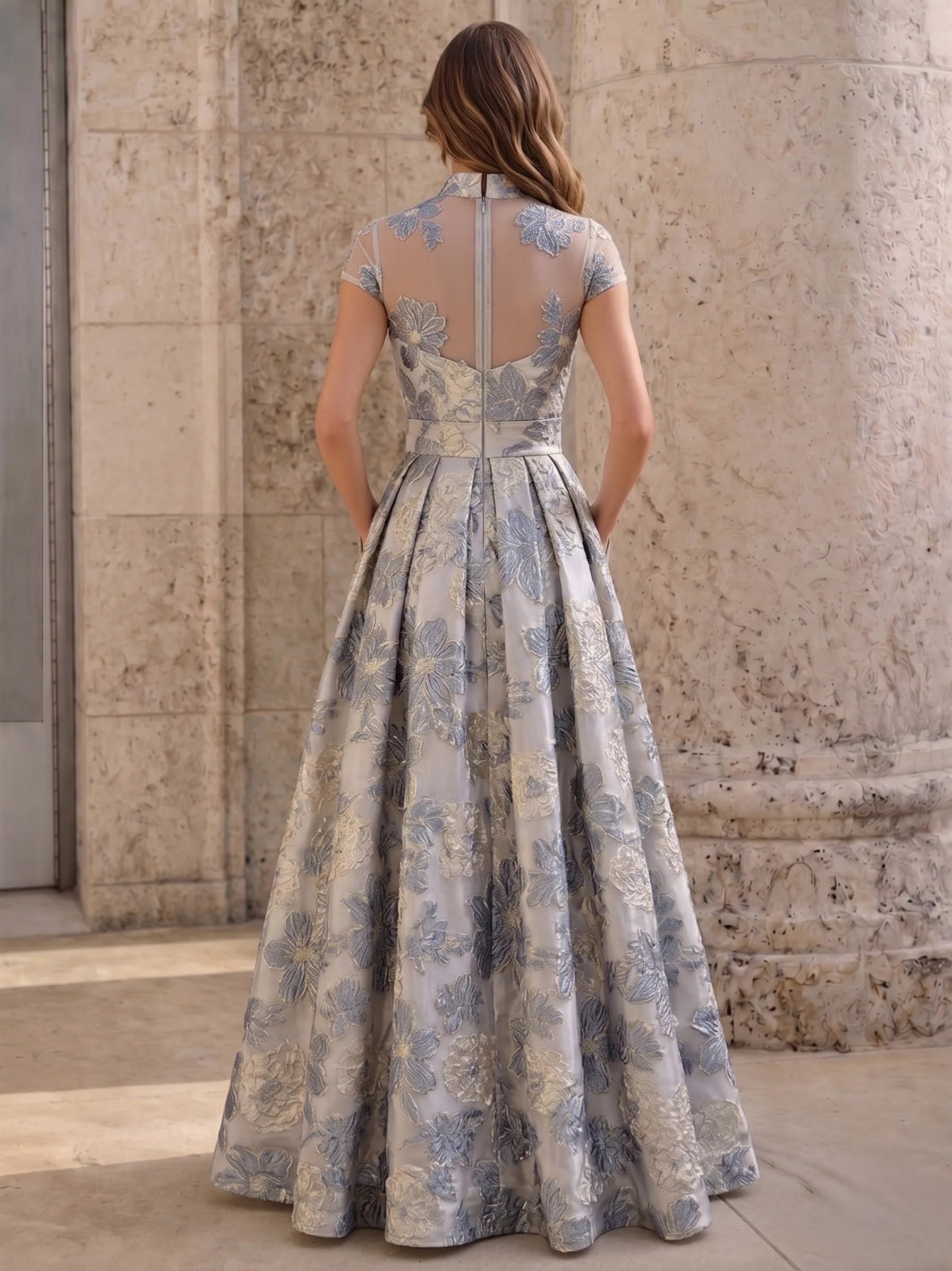 Elegant Ball Gown V-Neck Cap Sleeve Jacquard Floral Pocket Evening Gown