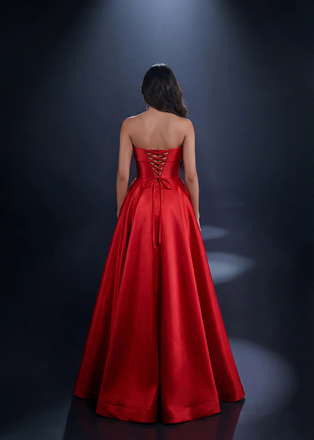 Radiant A-Line Strapless Straight Neckline Sleeveless Satin Lace-Up High Slit Evening Gown