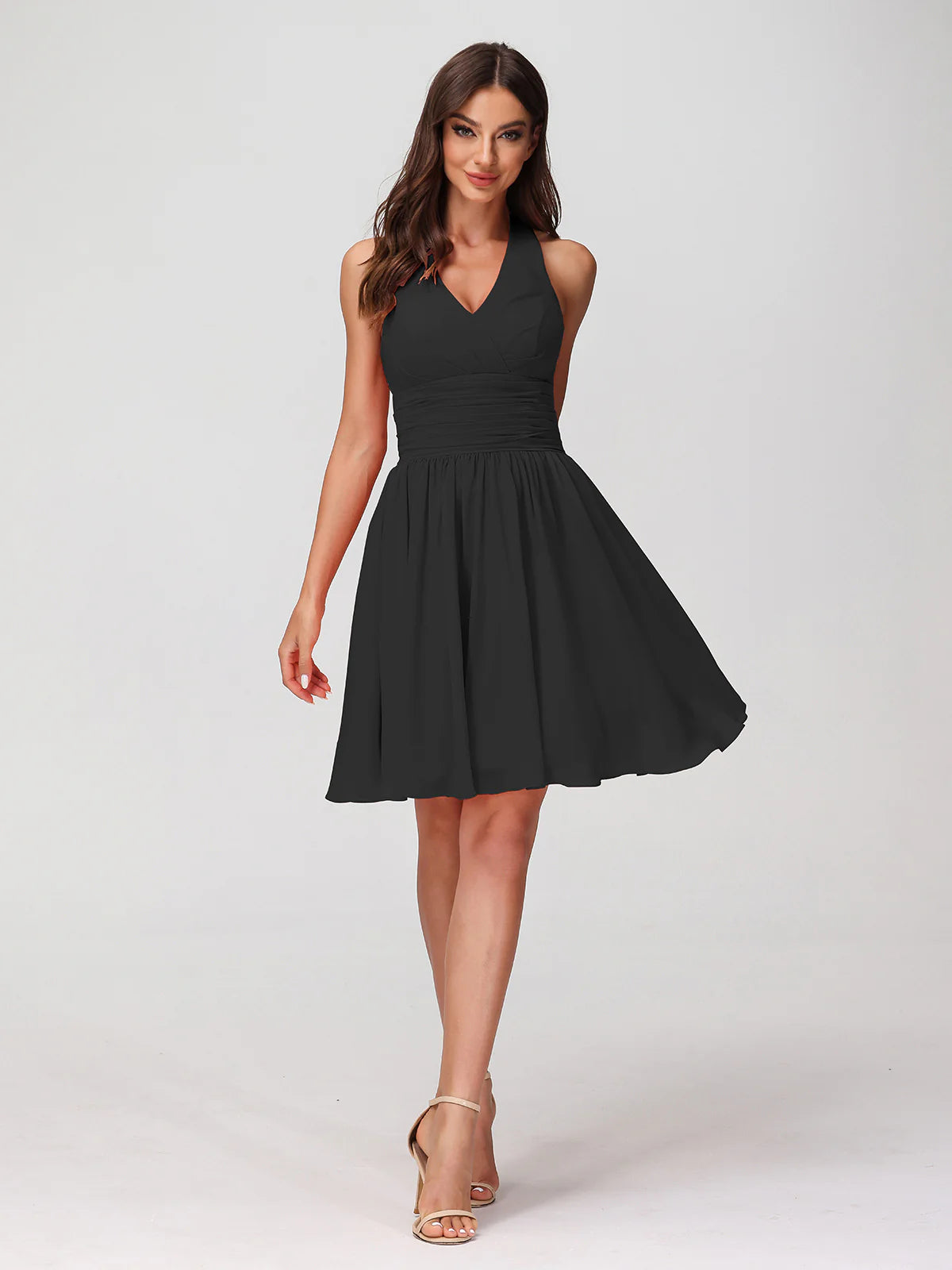 Halter Neck V-Bust Ruched Waist Chiffon A-Line Mini Bridesmaid Dress