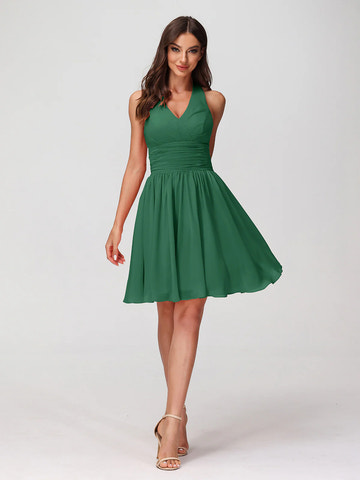 Halter Neck V-Bust Ruched Waist Chiffon A-Line Mini Bridesmaid Dress