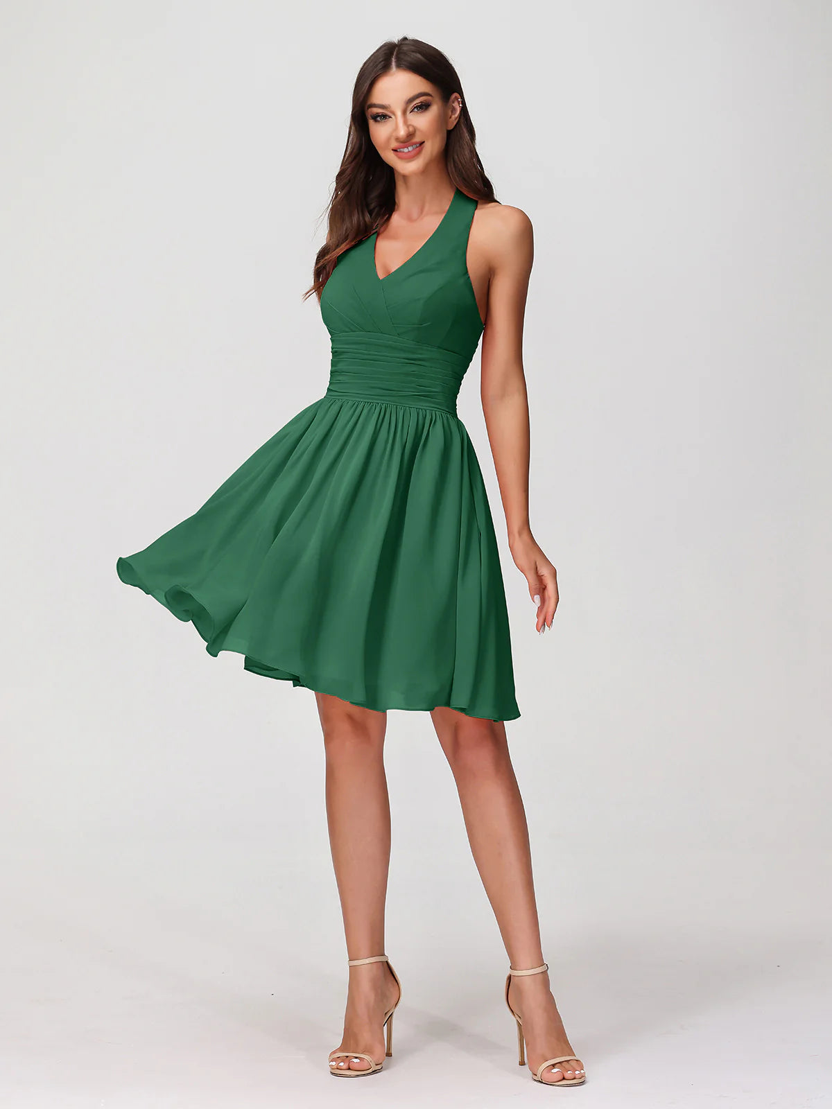 Halter Neck V-Bust Ruched Waist Chiffon A-Line Mini Bridesmaid Dress
