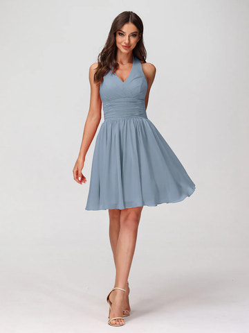 Halter Neck V-Bust Ruched Waist Chiffon A-Line Mini Bridesmaid Dress