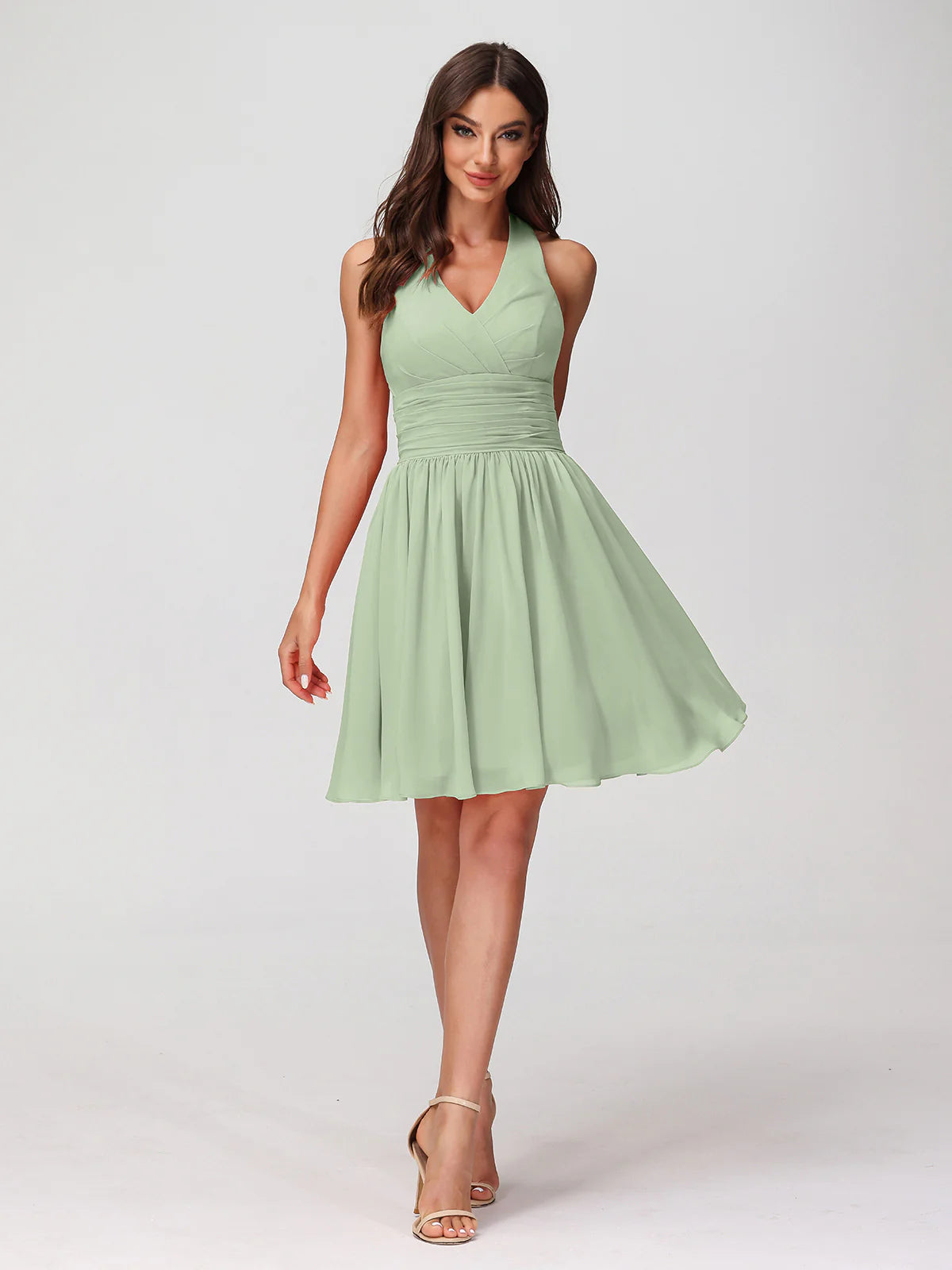Halter Neck V-Bust Ruched Waist Chiffon A-Line Mini Bridesmaid Dress