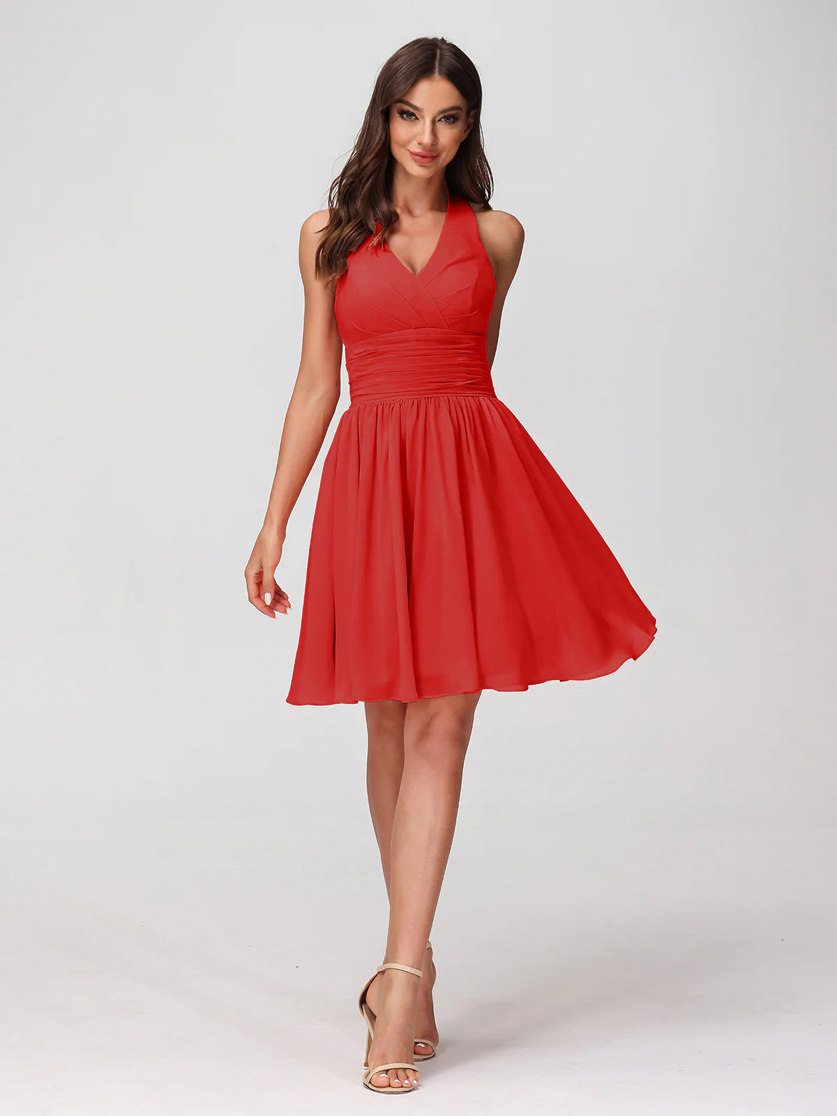 Halter Neck V-Bust Ruched Waist Chiffon A-Line Mini Bridesmaid Dress