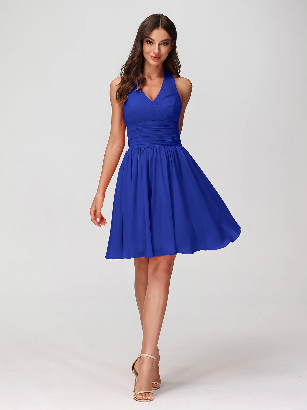 Halter Neck V-Bust Ruched Waist Chiffon A-Line Mini Bridesmaid Dress