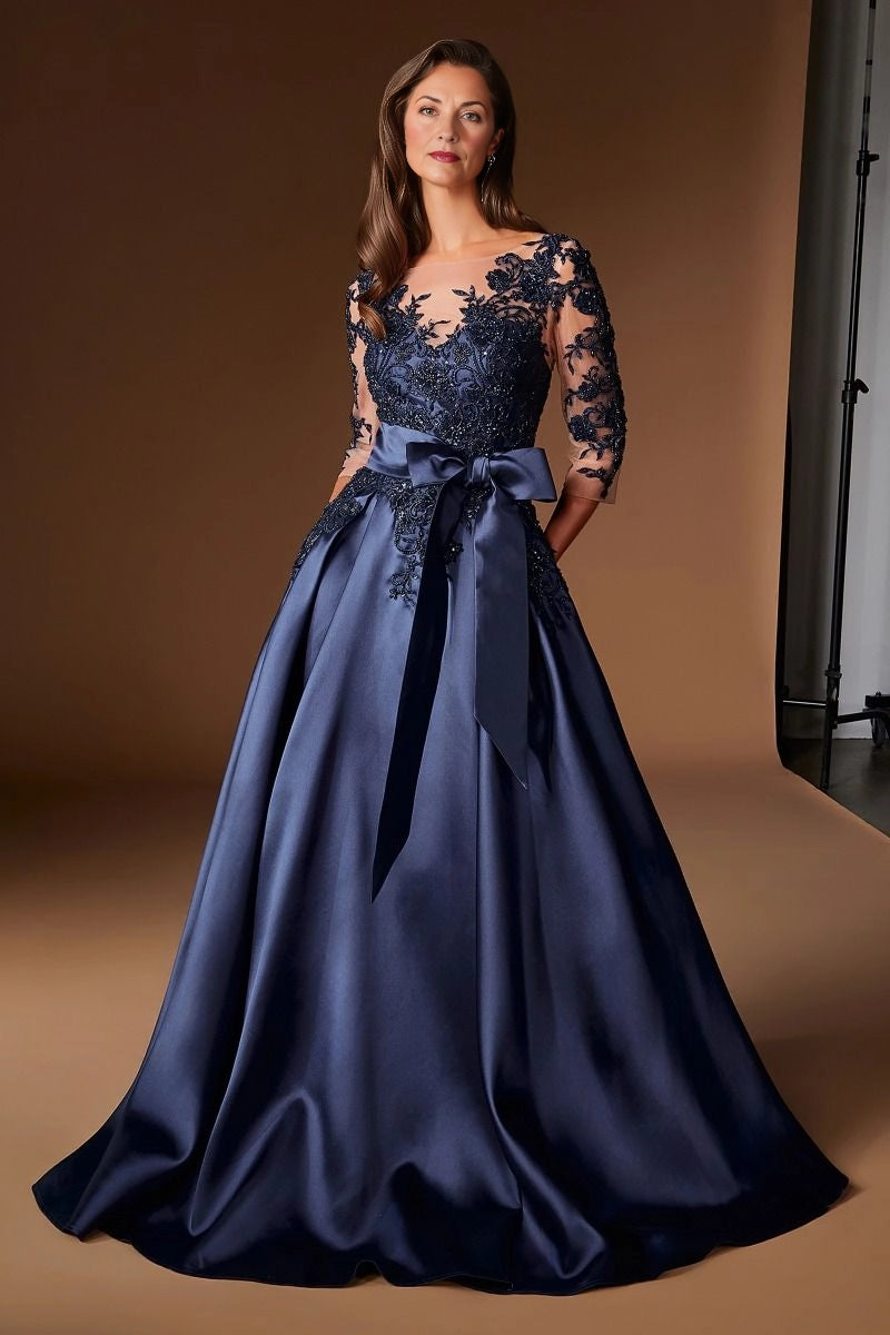 Vedress navy a‑line mother of the bride dress,illusion mesh neckline,3/4 lace sleeves,beaded floral appliques,satin waist bow,side pockets,voluminous satin floor skirt