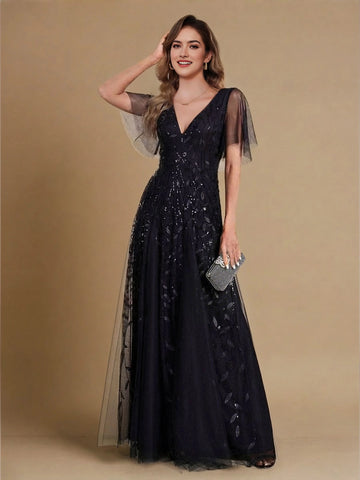 Vedress navy mother of the bride dress,front view deep V‑neck,sheer mesh flutter short sleeves,leaf sequin embroidery,flowy a‑line tulle floor skirt,tan solid studio background