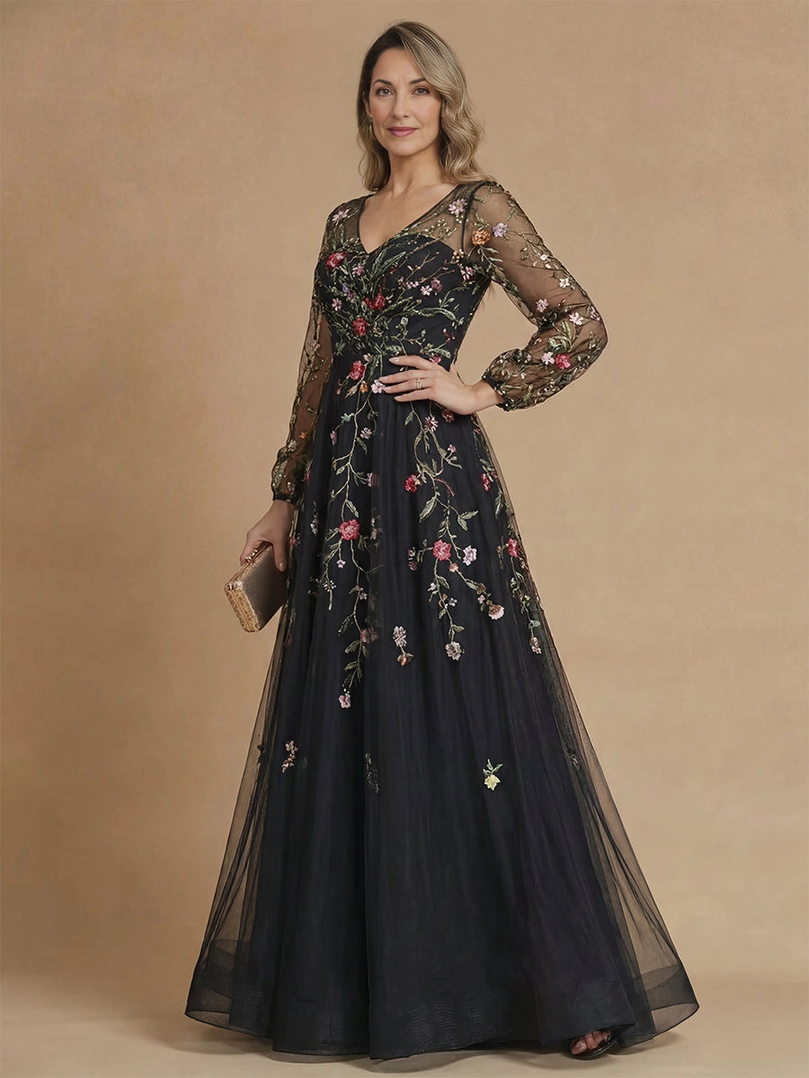 Vedress navy mother of the bride dress,front view v‑neck,sheer illusion long tulle sleeves,multicolor floral embroidery,full a‑line floor skirt,neutral studio background