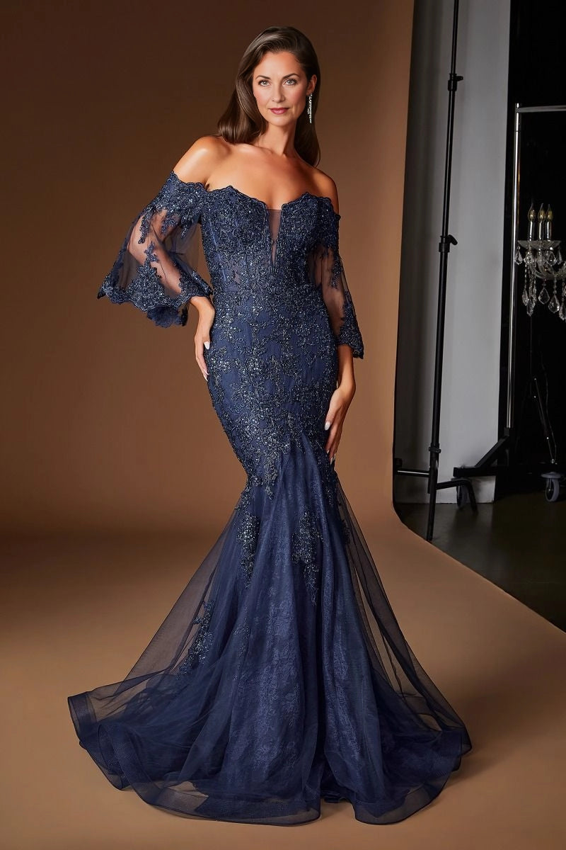 Vedress navy mermaid mother of the bride dress, off-shoulder sweetheart neck, sheer bell sleeves, allover lace appliques, fitted bodice, tulle flared hem.
