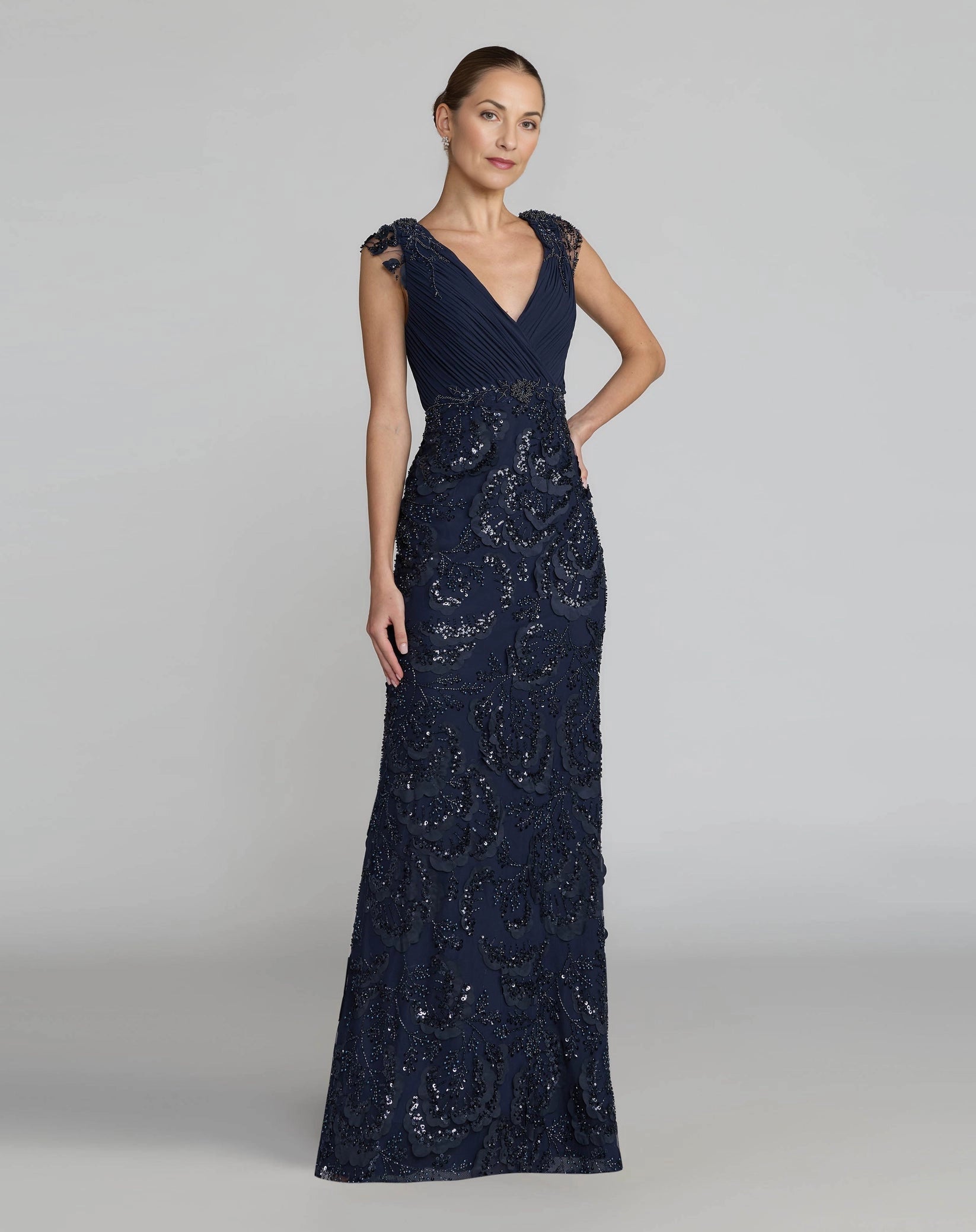Vedress navy sheath mother of the bride dress,deep v‑neck,lace cap sleeves,pleated chiffon bodice,sequin floral appliques,floor length skirt