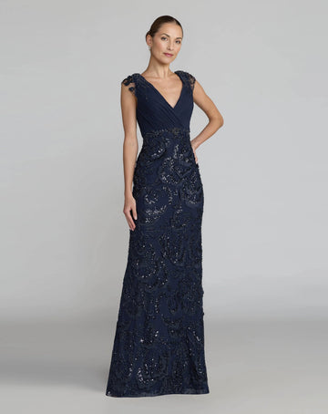 Vedress navy sheath mother of the bride dress,deep v‑neck,lace cap sleeves,pleated chiffon bodice,sequin floral appliques,floor length skirt