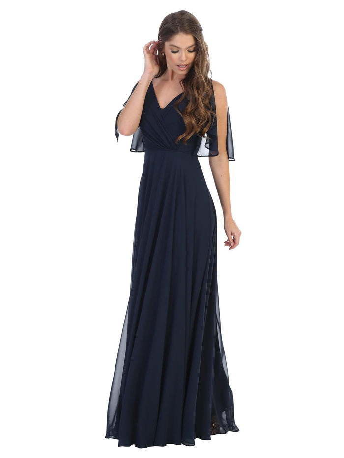 Women's V-Neck Chiffon Flutter Sleeve Ruffle Maxi Dress Long Formal Bridesmaids Dress