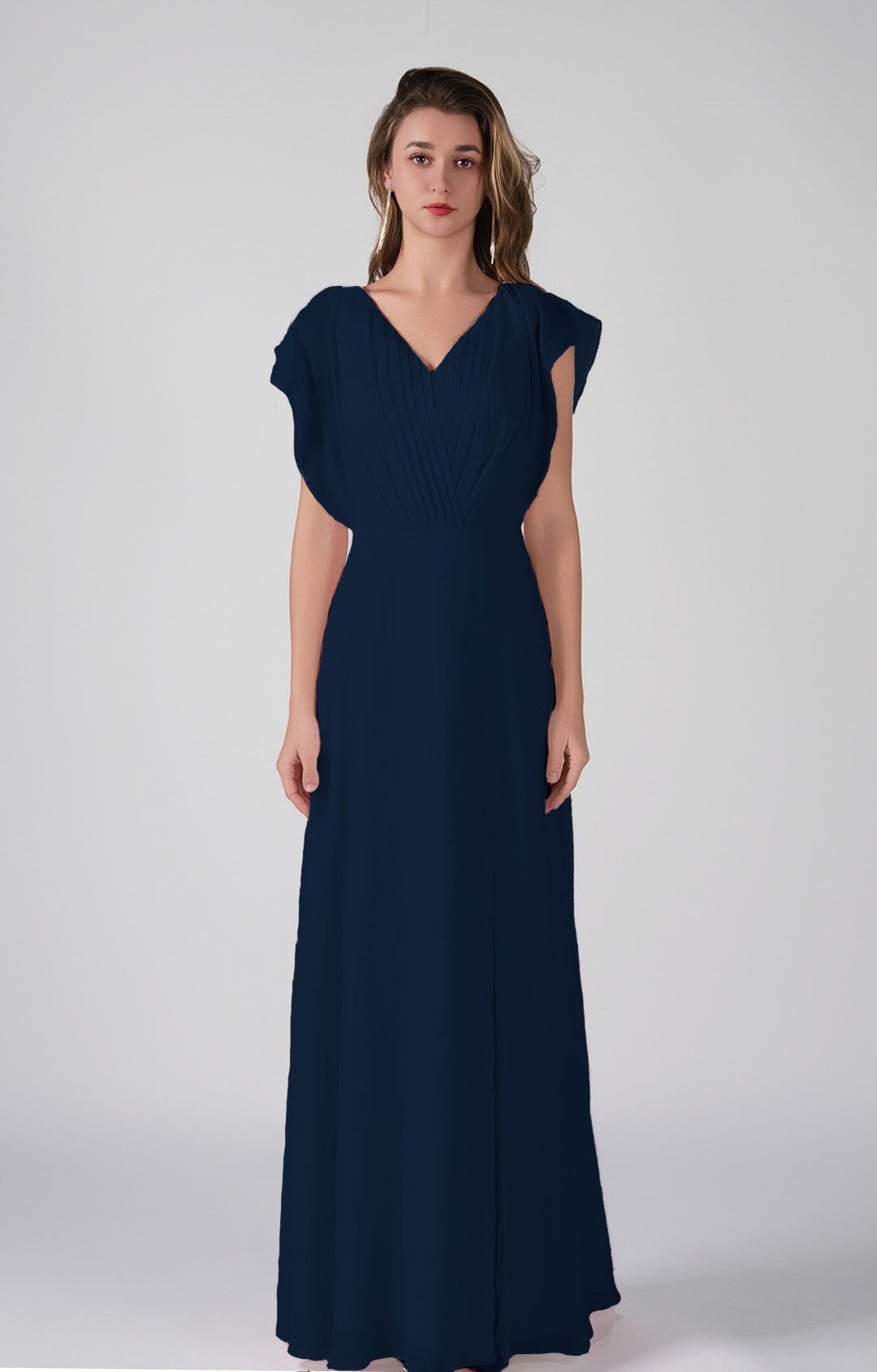 Elegant Chiffon Bridesmaid Dress Open Back Flutter Sleeves Pleats A-Line Maxi Dress with Side Slit