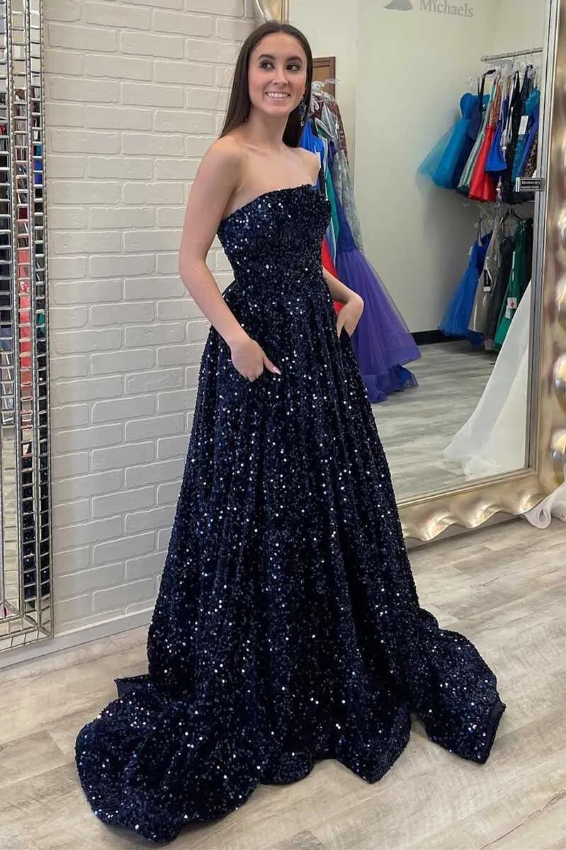 Vestido largo de fiesta azul marino con lentejuelas, corte en A, escote corazón y sin espalda
