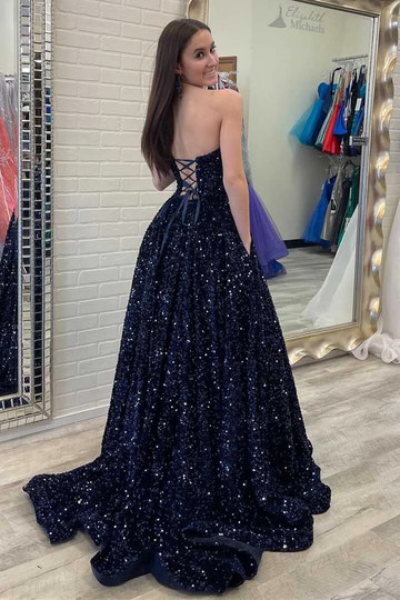 Vestido largo de fiesta azul marino con lentejuelas, corte en A, escote corazón y sin espalda