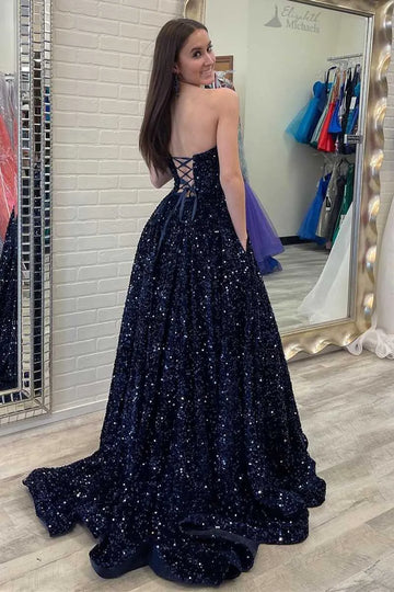 Navy Blue Sequin A-Line Sweetheart Strapless Backless Maxi Prom Gown