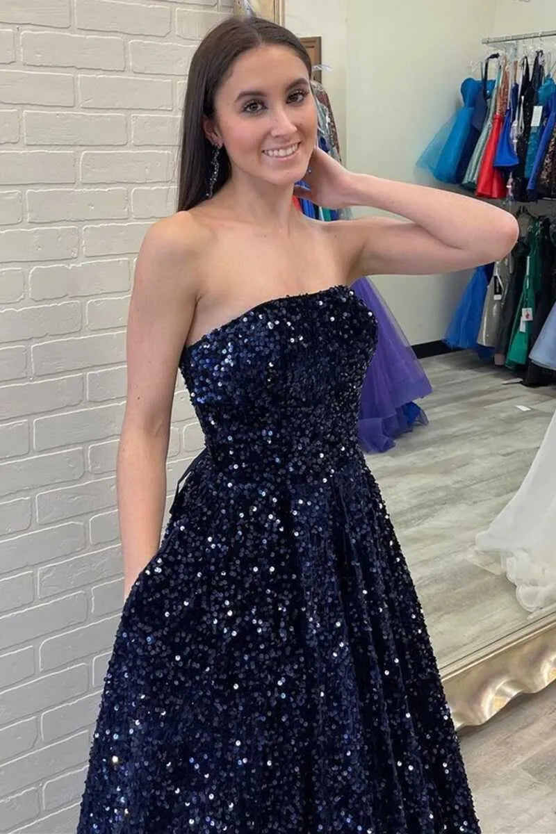 Vestido largo de fiesta azul marino con lentejuelas, corte en A, escote corazón y sin espalda