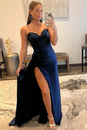 Vestido largo de fiesta de terciopelo azul marino, corte sirena, escote corazón, sin tirantes, sin espalda