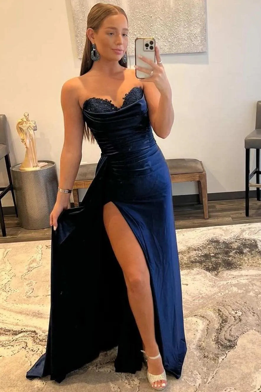 Vestido largo de fiesta de terciopelo azul marino, corte sirena, escote corazón, sin tirantes, sin espalda
