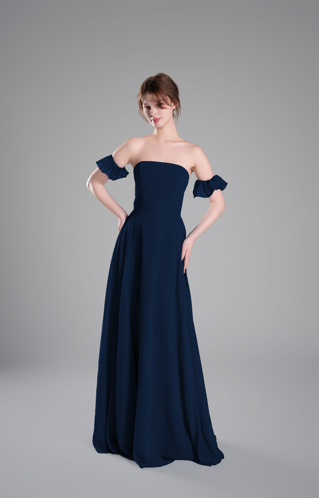 Elegante vestido de dama de honor de gasa con hombros descubiertos, vestido largo formal de noche, mangas con volantes, corpiño entallado, vestidos de fiesta con corte en A