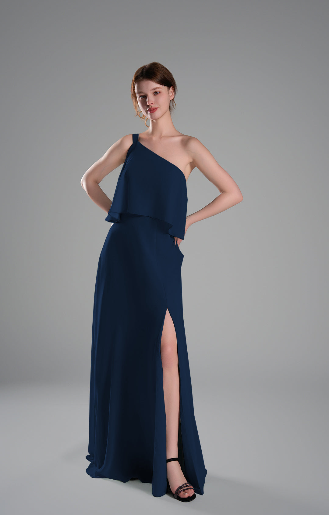 One Shoulder Chiffon Bridesmaid Dress with Slit Elegant Long Formal Evening Gown Flowing A-Line Dresses