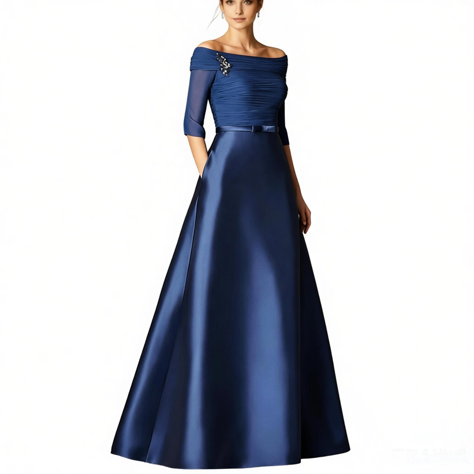 Elegant Off-the-Shoulder Satin A-Line Evening Gown with 3/4 Sheer Sleeves – Formal Dress for Mother of the Bride, Galas & Black-Tie Events