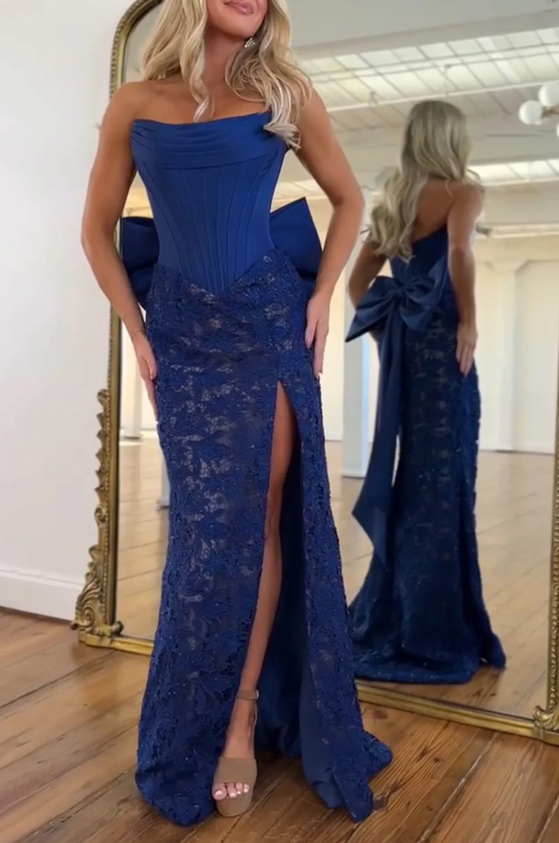 Vestido de Noche de Fiesta de Sirena de Encaje con Corsé sin Tirantes, Lazo Grande en la Espalda y Abertura Alta