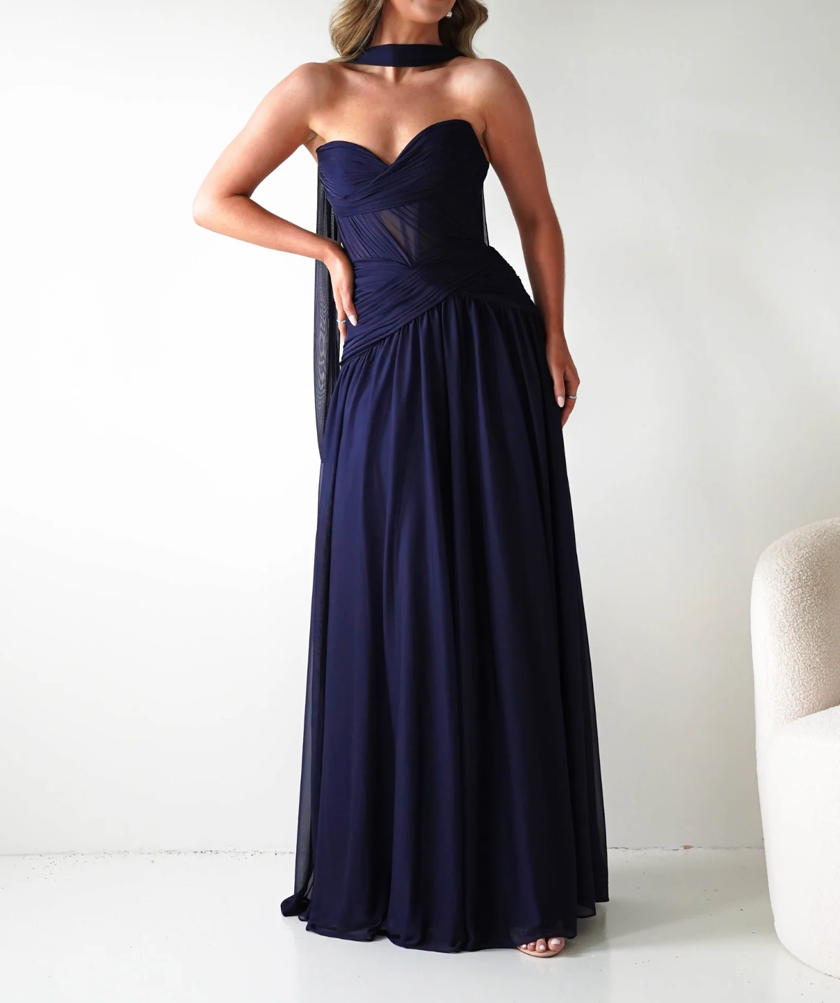 Elegant Strapless Corset-Style Chiffon Bridesmaid Dress with Tulle Lace-Up Panel and A-Line Prom Dresses