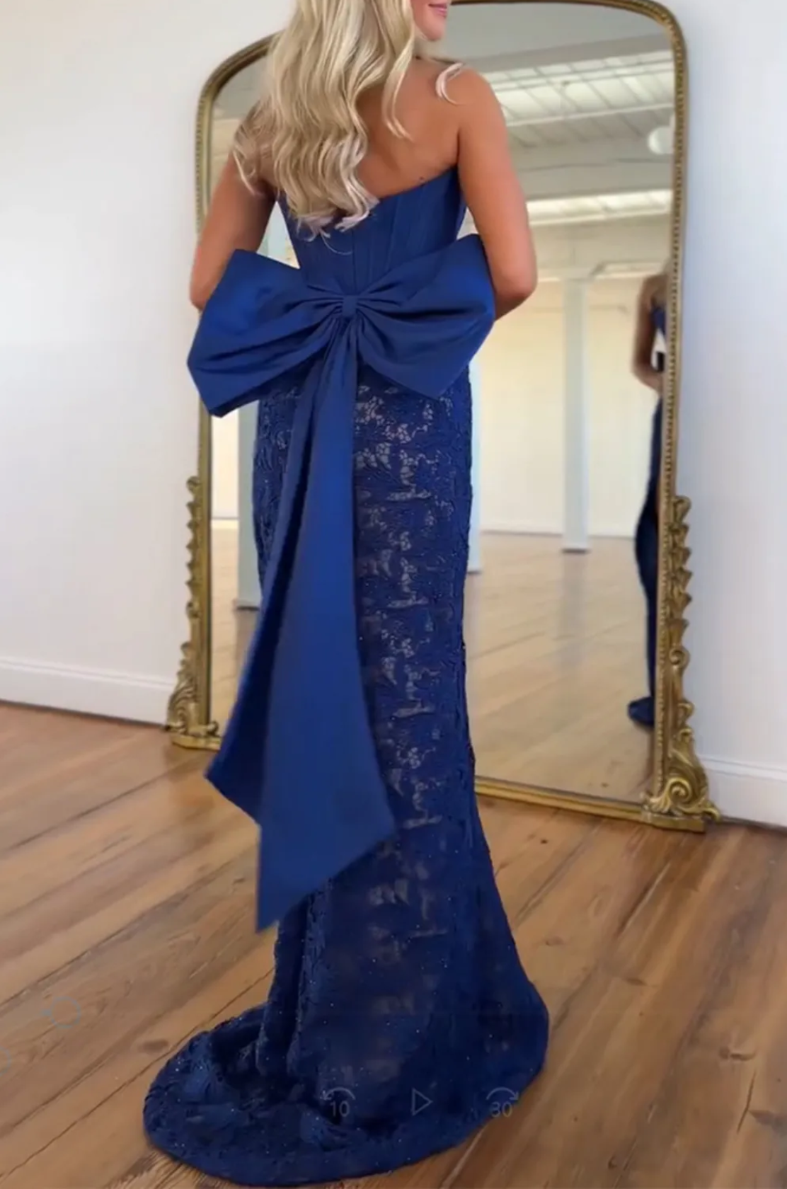 Vestido de Noche de Fiesta de Sirena de Encaje con Corsé sin Tirantes, Lazo Grande en la Espalda y Abertura Alta