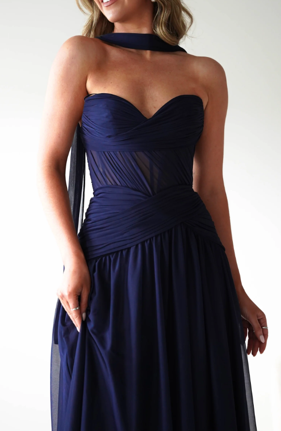 Elegante vestido de dama de honor de gasa estilo corsé sin tirantes con panel de cordones de tul y vestidos de fiesta de corte A