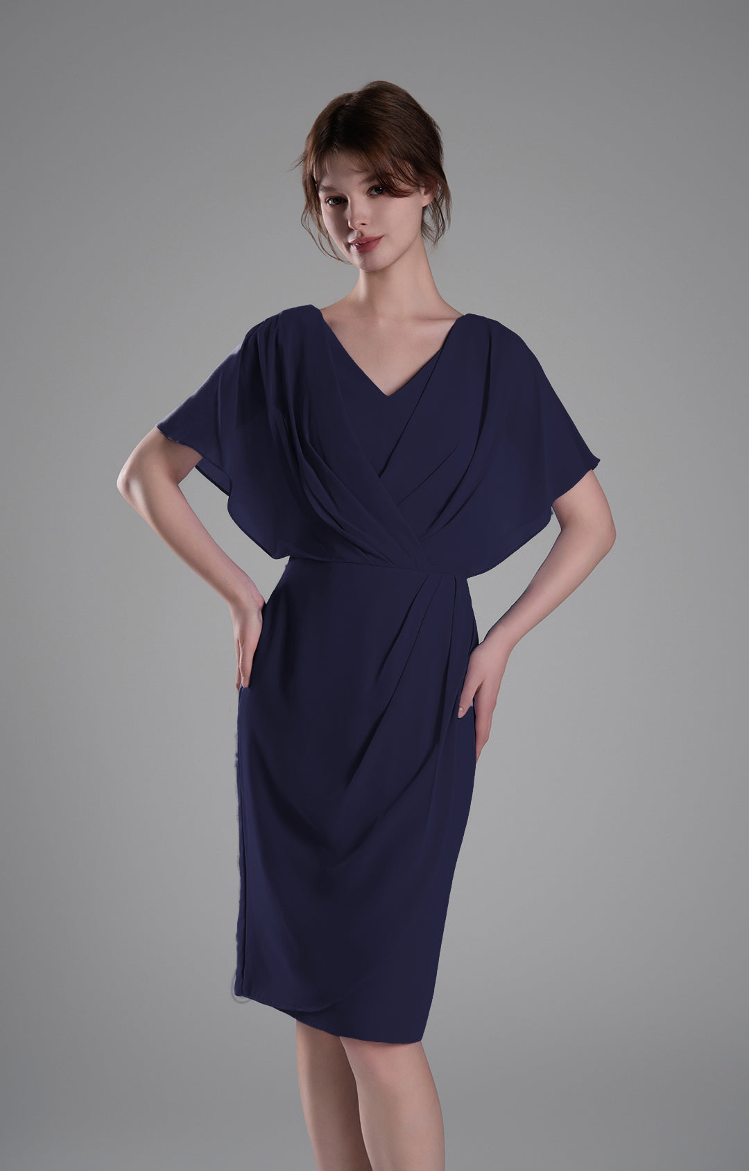 Elegant Chiffon Cocktail Dress V-Neck Pleated Cape Knee-length Flutter Sleeve Wedding Guest Dress with Ruched Waist