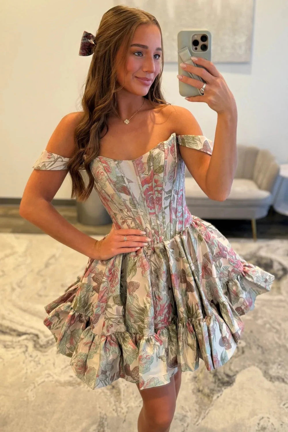 A-Line Sweetheart Neck Off Shoulder Floral Brocade Short Ruffled Homecoming Dress