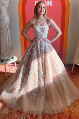 Nude Tulle A-Line Sweetheart Spaghetti Strap Backless Maxi Prom Gown