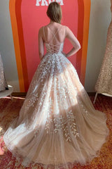 Nude Tulle A-Line Sweetheart Spaghetti Strap Backless Maxi Prom Gown
