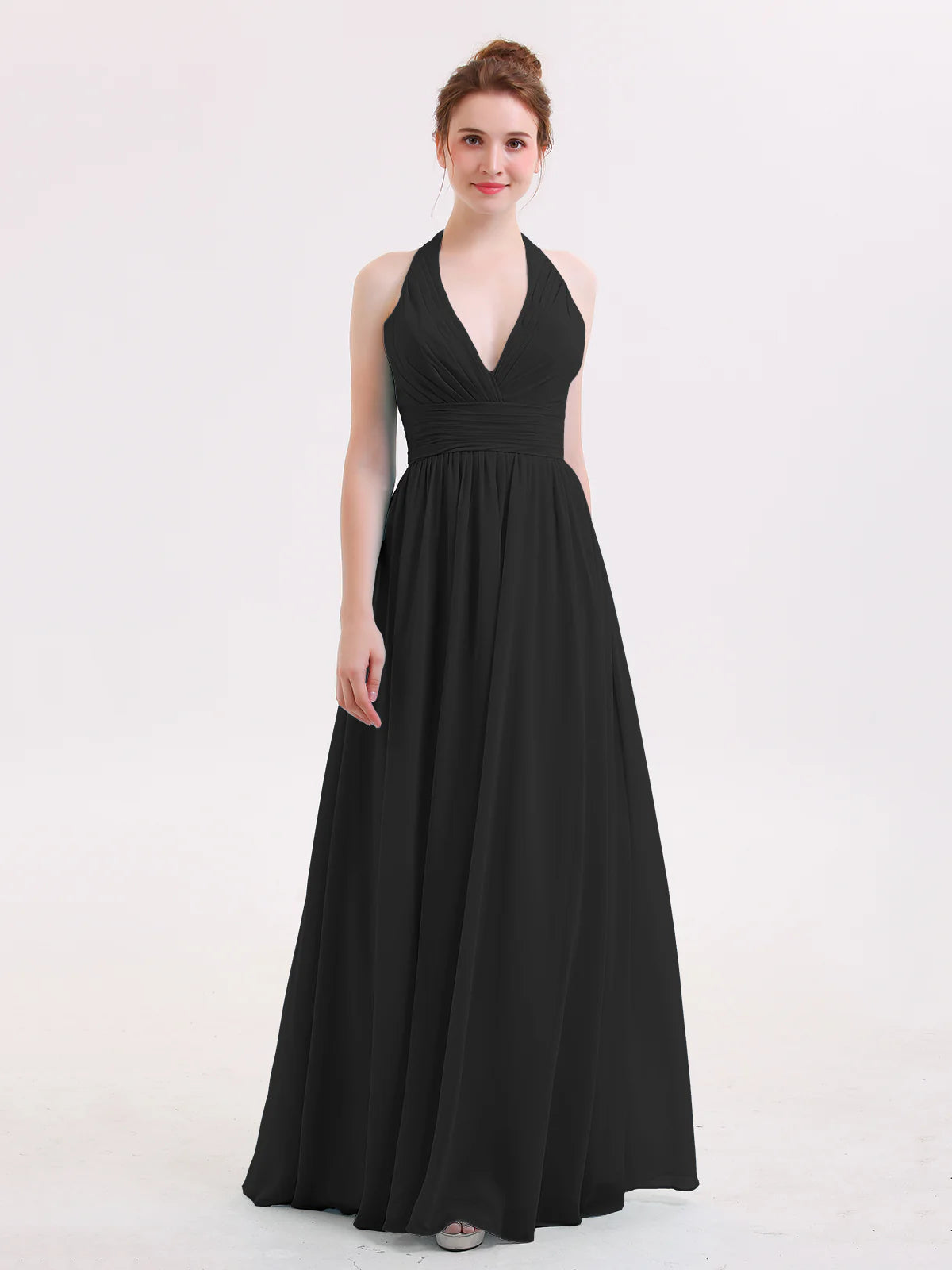 Halter Deep V-Neck Ruched Chiffon A-Line Bridesmaid Maxi Dress