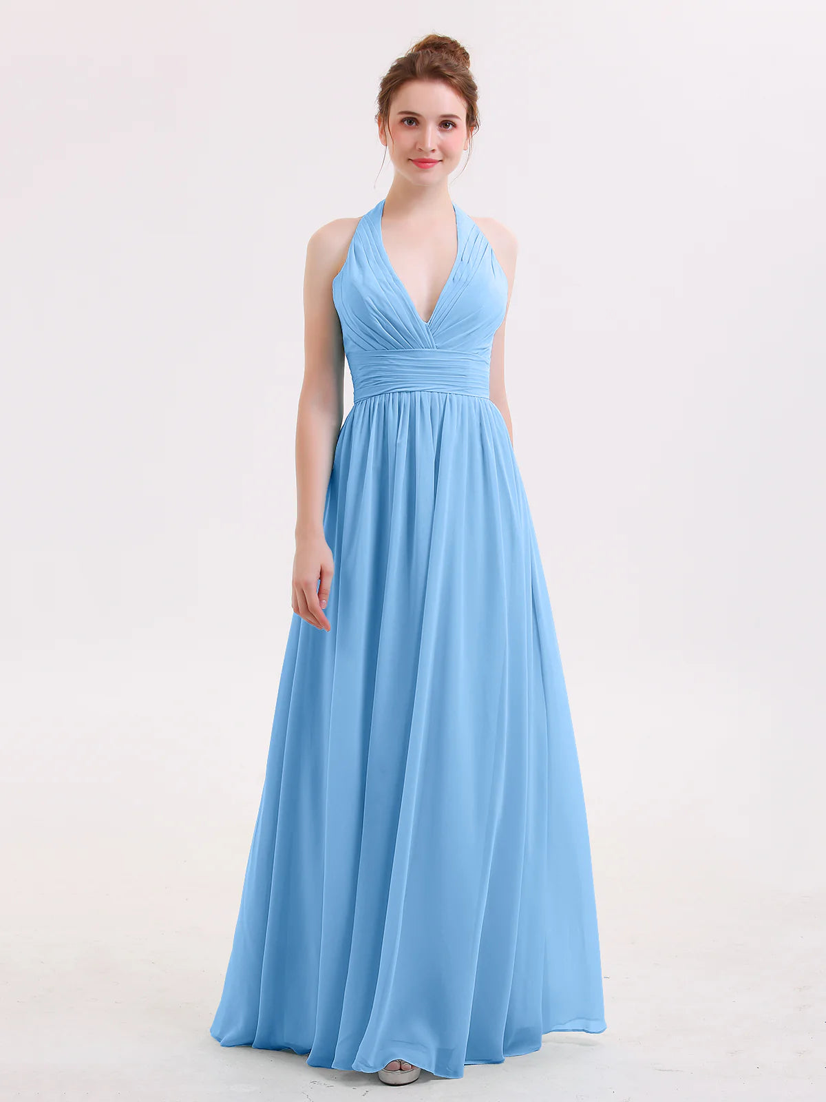 Halter Deep V-Neck Ruched Chiffon A-Line Bridesmaid Maxi Dress