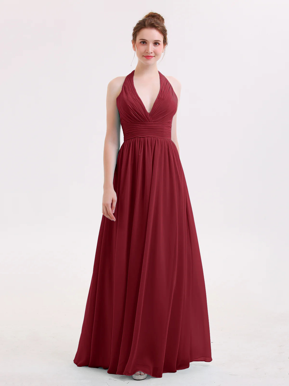 Halter Deep V-Neck Ruched Chiffon A-Line Bridesmaid Maxi Dress