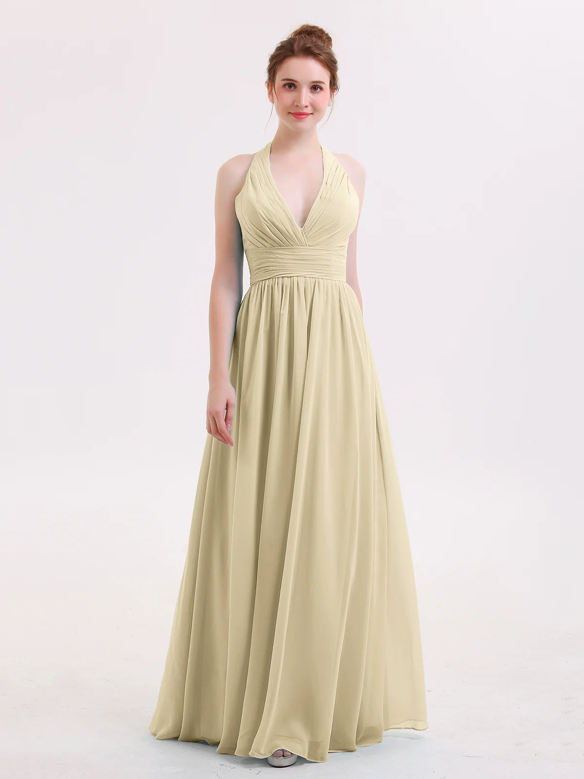 Halter Deep V-Neck Ruched Chiffon A-Line Bridesmaid Maxi Dress
