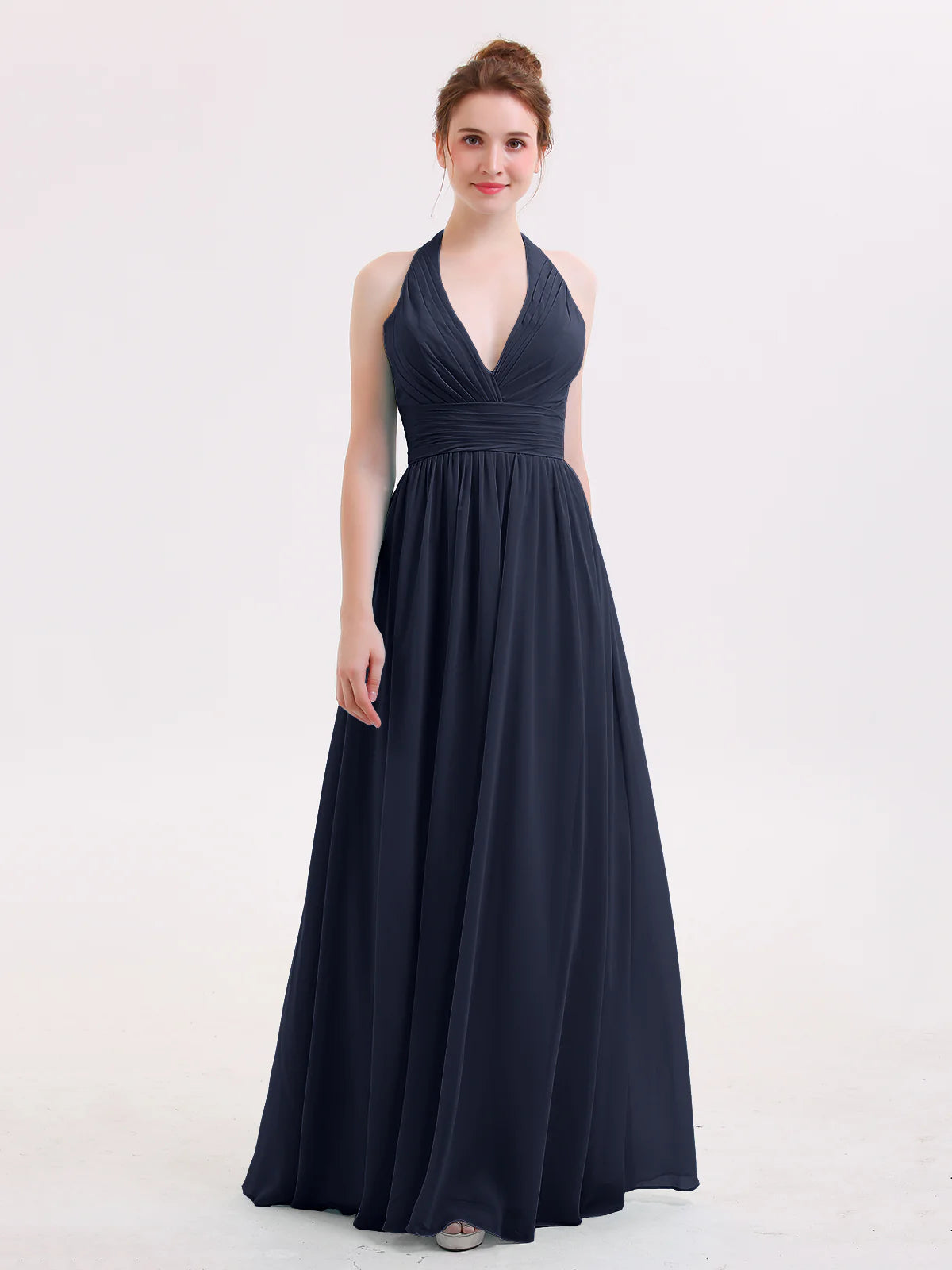 Halter Deep V-Neck Ruched Chiffon A-Line Bridesmaid Maxi Dress