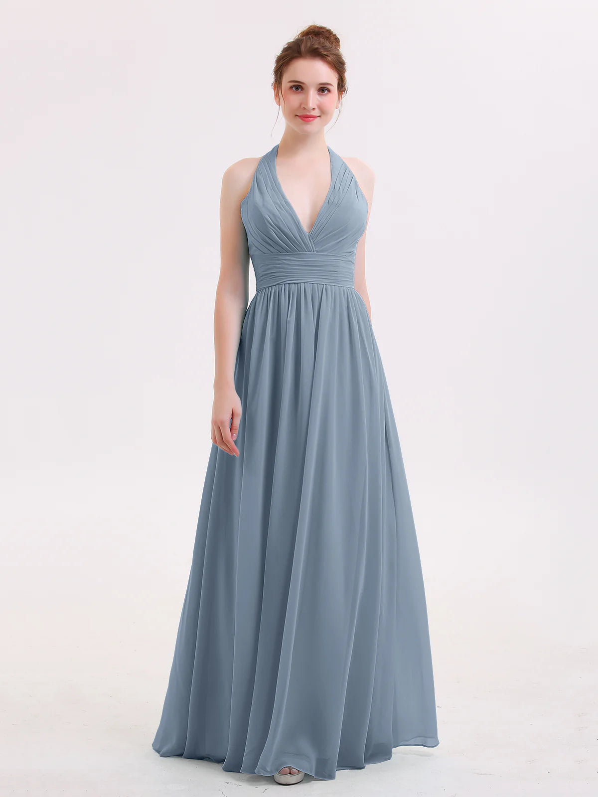 Halter Deep V-Neck Ruched Chiffon A-Line Bridesmaid Maxi Dress
