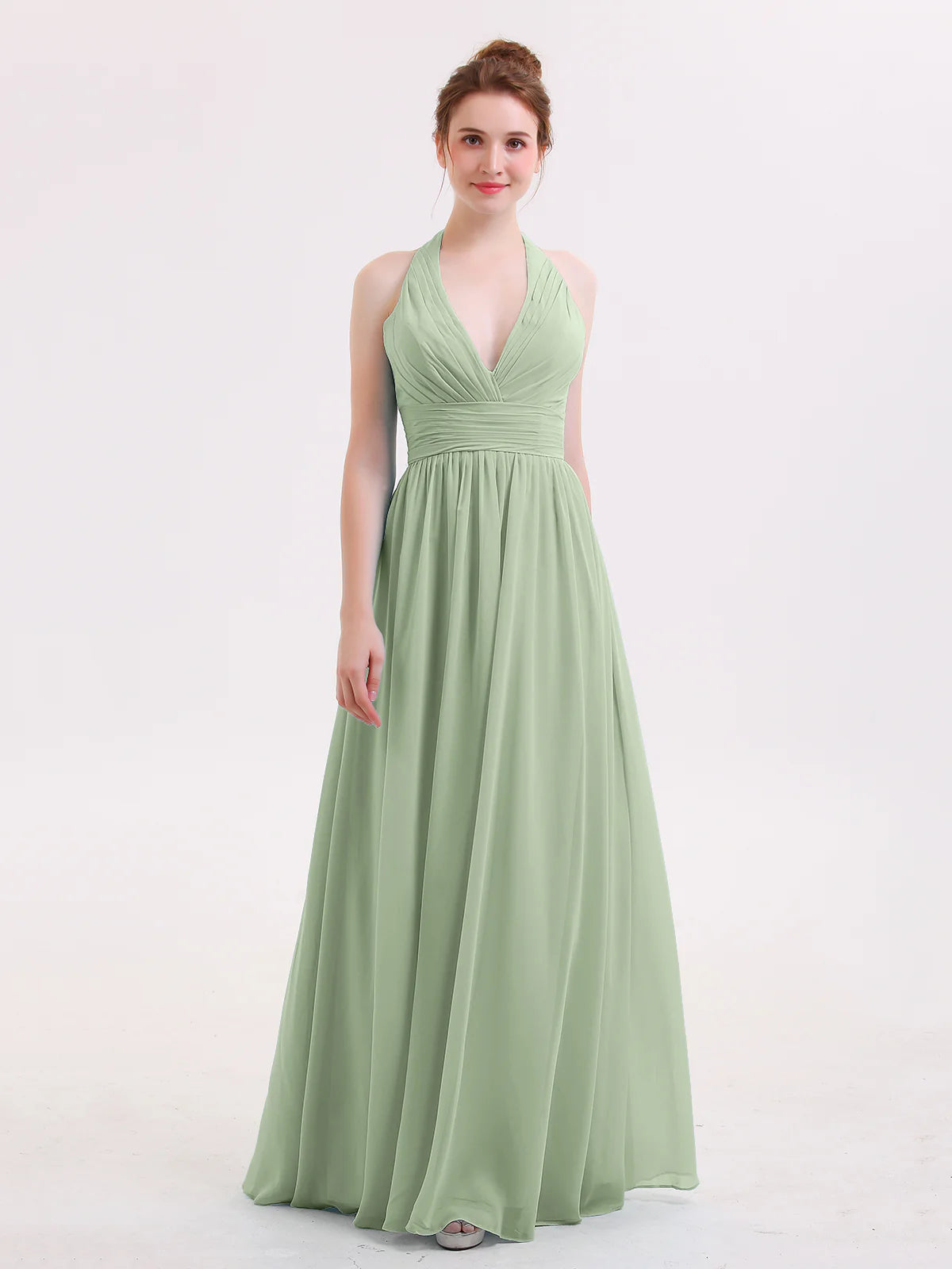 Halter Deep V-Neck Ruched Chiffon A-Line Bridesmaid Maxi Dress
