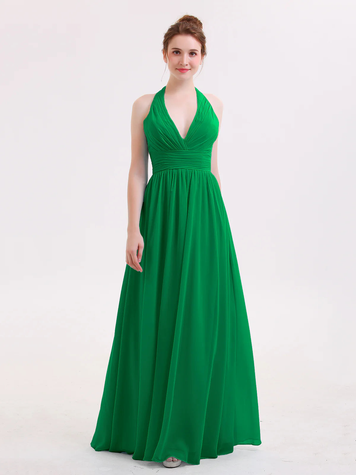 Halter Deep V-Neck Ruched Chiffon A-Line Bridesmaid Maxi Dress